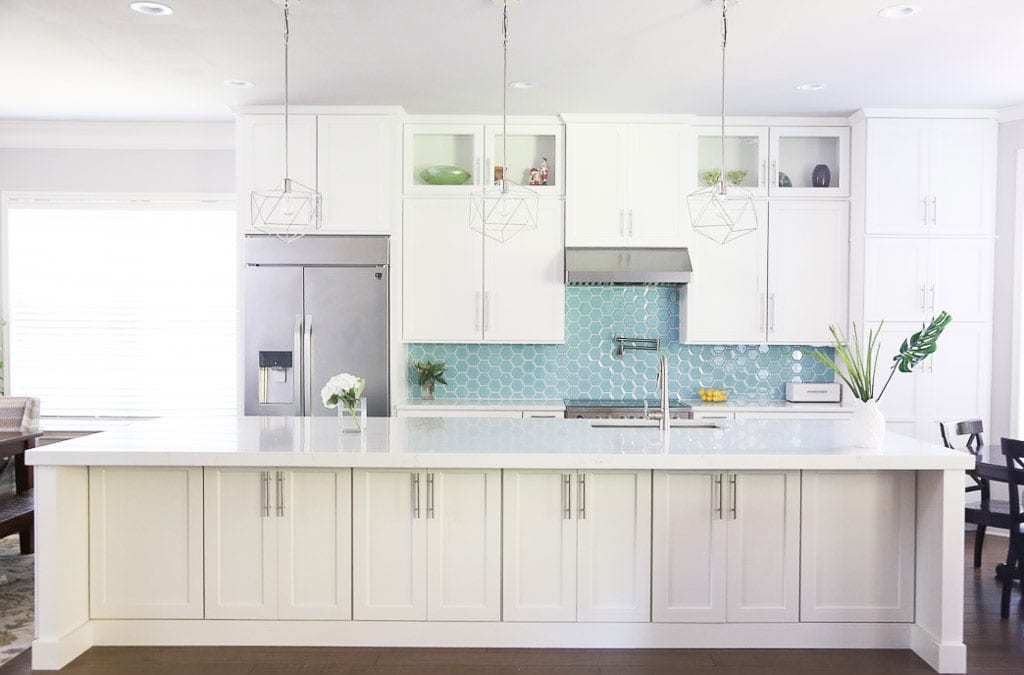 Westlake Contemporary White Kitchen With Aqua Backsplash - UB
