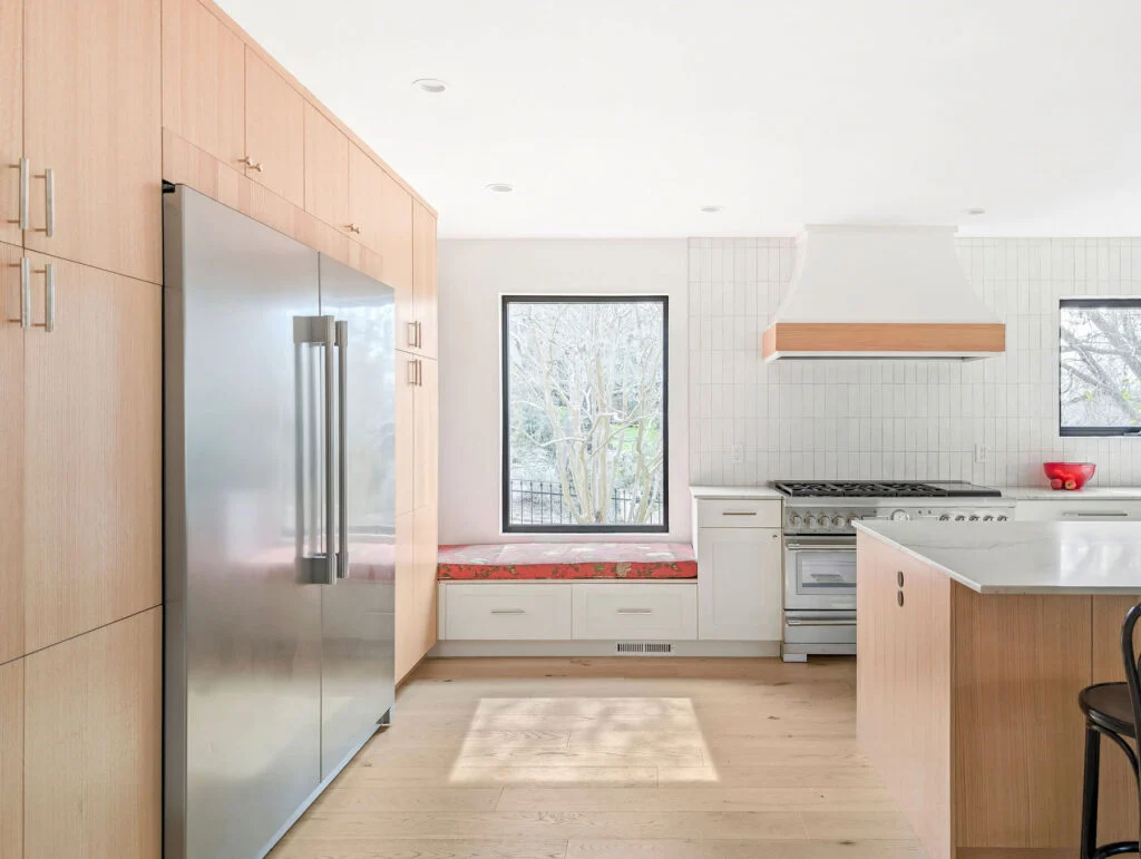 Bench Seat and Reading Nook and White Cabinets with Quarter Sawn Oak