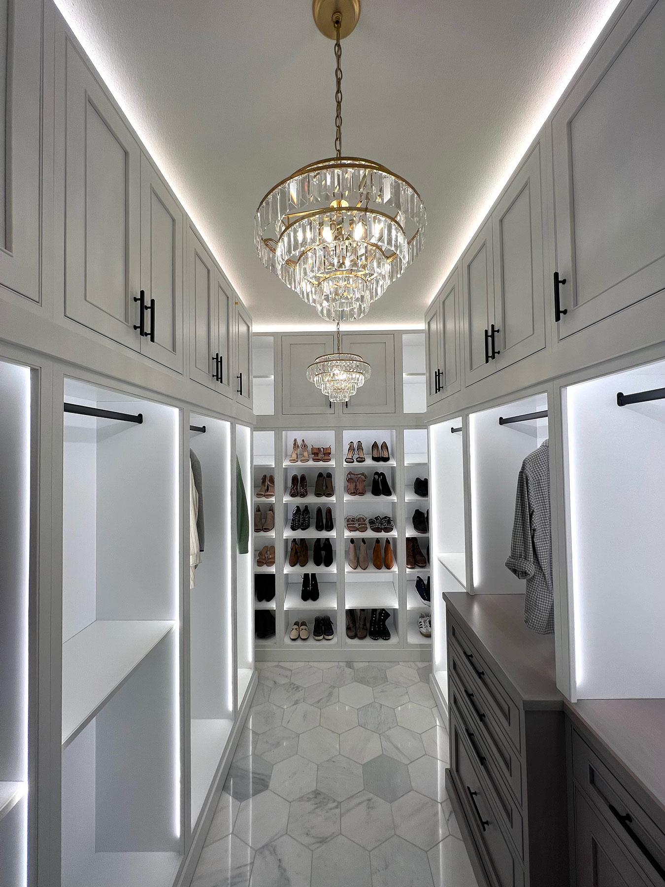 Long Canyon Remodel-Fieldstone Custom Closet-White Cabinetry with Hickory Drawers